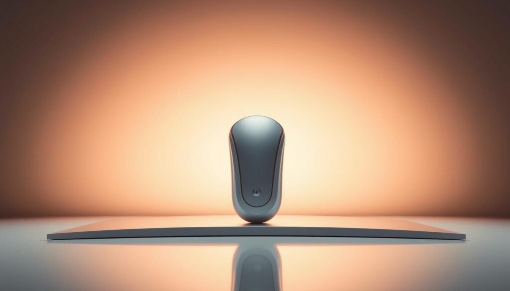 A futuristic, minimalist still life scene showcasing the Glowin Beaute "Oligio X 原美電波" skincare product. The device is positioned centrally on a sleek, metallic surface, with a warm, diffused light emanating from behind, casting a soft glow. The background is a muted, monochromatic palette, allowing the product to take center stage. The composition is clean and elegant, emphasizing the advanced, high-tech nature of the "Oligio X 原美電波" treatment. The scene conveys a sense of relaxation, wellness, and the promise of rejuvenated, glowing skin.