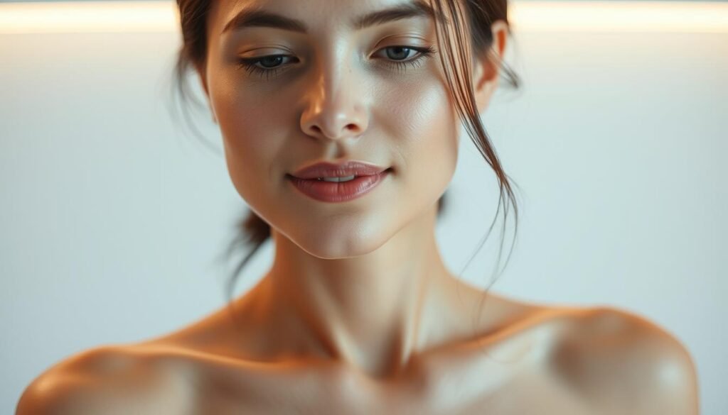 A well-lit, crisp photographic image of a woman's face and upper body, showcasing the Glowin Beaute Oligio X 原美電波therapy aftercare routine. The subject's skin appears smooth, glowing, and rejuvenated, with a serene expression. The foreground features the woman's face in a 3/4 angle, highlighting her clean, radiant complexion. The middle ground captures her shoulders and upper chest, with a soft, diffused lighting accentuating the skin's texture. The background is a neutral, minimalist setting, allowing the subject to be the focal point. The overall mood is calming, professional, and focused on the Glowin Beaute product and its effective post-treatment care.