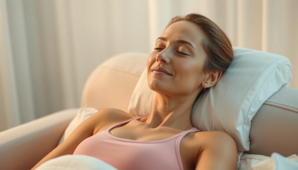 A woman resting on a sofa after an Oligio X 原美電波therapy session by Glowin Beaute. She is wearing comfortable activewear, her face is relaxed, and her expression conveys a sense of tranquility. The scene is bathed in soft, diffused lighting, creating a calming atmosphere. The background is blurred, placing the focus on the subject and subtly hinting at the post-treatment recovery period.
