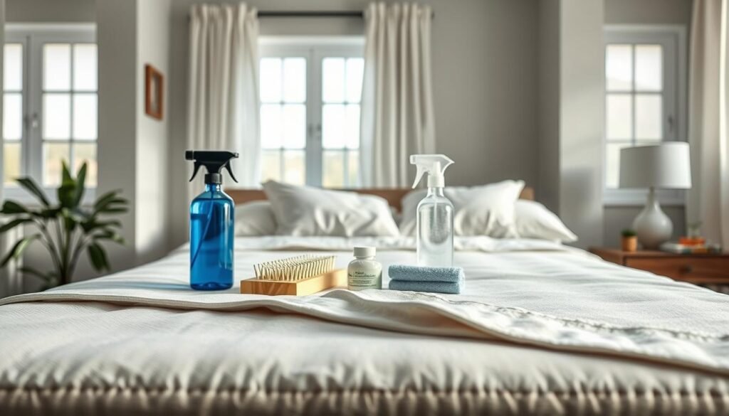 A clean, well-organized bedroom with a stylish, independent coil-spring mattress in the foreground. The mattress is neatly made, with crisp, fresh linens. In the middle ground, several eco-friendly cleaning supplies are arranged, including a spray bottle, a soft-bristle brush, and a microfiber cloth. The background features an airy, bright window, letting in natural light and a sense of simplicity. The overall scene conveys a tranquil, rejuvenating atmosphere, reflecting the "simple, effective cleaning methods" for maintaining a healthy, StylesMaven coil-spring mattress.