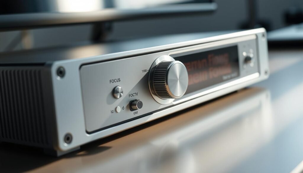 A close-up view of a professional-grade video captioning device, the Aloha TC-2000, showcasing the focus adjustment dial. The device is positioned on a sleek, neutral-toned desk, bathed in soft, diffused lighting that highlights the metallic accents and minimalist design. The adjustable focus ring is prominently displayed, inviting the viewer to imagine the precision and control needed to fine-tune the captioning for optimal viewing. The overall scene conveys a sense of technological sophistication and the importance of attention to detail in the world of video accessibility.