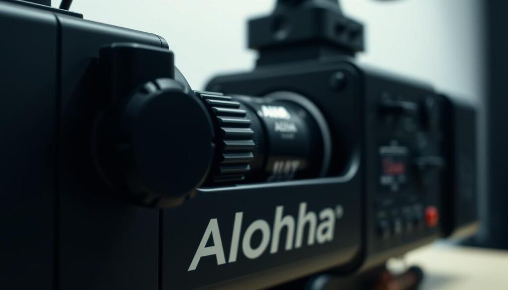 A close-up view of a professional video subtitle machine with an adjustable focus dial and lens. The machine has a sleek, minimalist design in a matte black finish with the "Aloha" brand name prominently displayed. The foreground shows the focus dial being turned, with the adjustment mechanism visible. The middle ground depicts the main body of the machine, with a high-quality glass lens and precision controls. The background is blurred, creating a sense of depth and focus on the adjustment process. The lighting is soft and even, highlighting the machine's technical details. The overall mood is one of thoughtful concentration, as the user fine-tunes the subtitle display for optimal clarity.