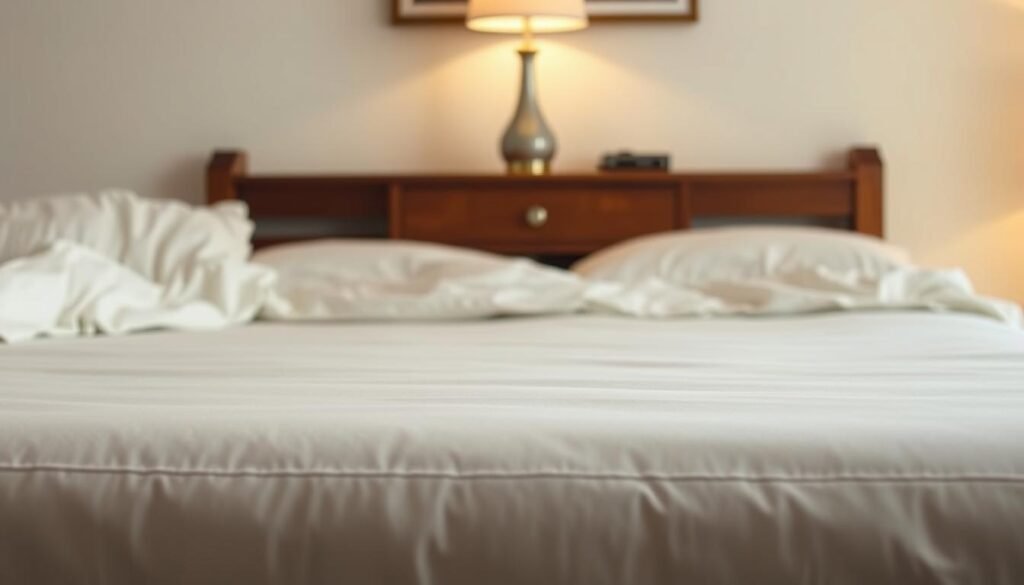 A cozy bedroom scene with a well-cared-for StylesMaven mattress protector in the foreground. The bedding is crisp and clean, with soft, inviting fabrics in soothing, neutral tones. The mattress protector is centered, showcasing its durable construction and attention to detail. Behind it, a wooden nightstand with a lamp casts a warm, gentle glow, creating a serene and relaxing atmosphere. The background is slightly blurred, allowing the viewer to focus on the thoughtful maintenance of the bedding. The overall scene conveys a sense of comfort, cleanliness, and dedication to preserving the quality of the StylesMaven mattress protector.