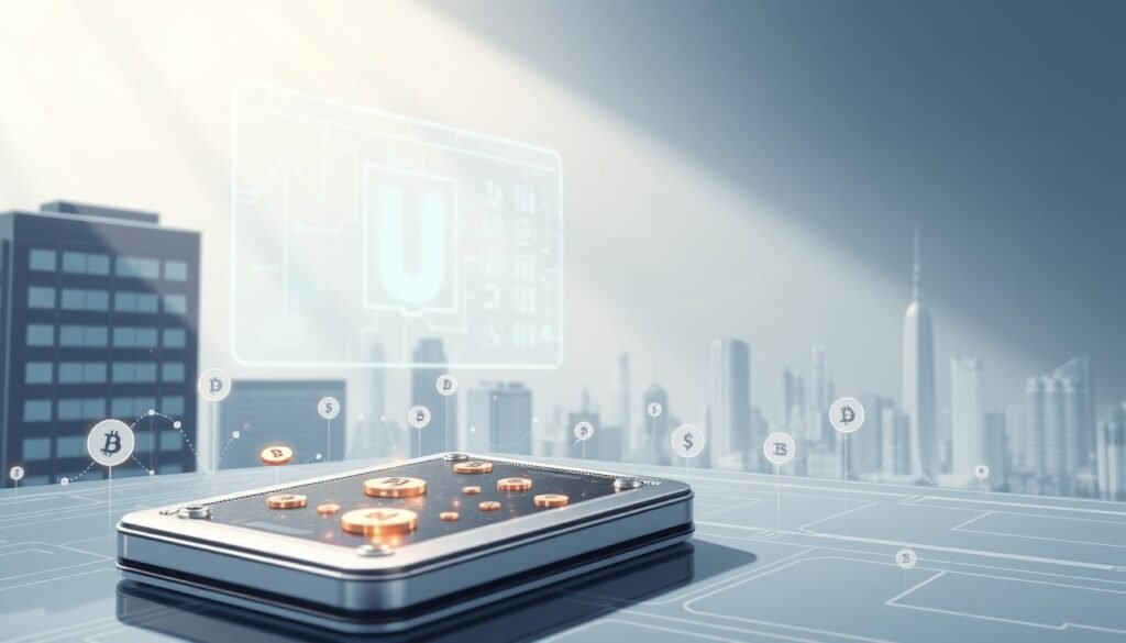 A detailed digital illustration of the UTown cryptocurrency guide, showcasing a modern, minimalist design. The composition features a sleek, metallic-themed wallet interface in the foreground, surrounded by subtly pulsating cryptocurrency symbols and icons. The middle ground depicts a holographic representation of blockchain data, while the background contains a soft, gradient-based cityscape with subtle UTown branding elements. The lighting is clean and directional, casting gentle shadows and highlights to create a sense of depth and technological elegance. The overall mood is one of sophistication, innovation and financial security.