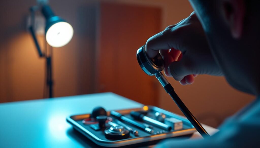 A dimly lit medical examination room with a focus on a human ear. In the foreground, a doctor's hand holding a stethoscope, examining the ear closely. In the middle ground, various medical instruments and diagnostic tools are arranged on a tray, suggesting the process of identifying the cause of tinnitus. The background is hazy, creating a sense of concentration and attention to the task at hand. The lighting is soft and warm, creating a calming, professional atmosphere. The overall scene conveys the idea of a thorough, thoughtful approach to understanding and addressing the common causes of tinnitus and finding effective solutions.