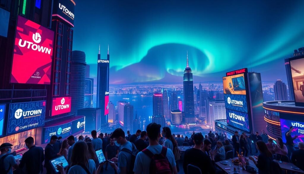 A futuristic cityscape with neon-lit skyscrapers and holographic billboards, showcasing the UTown brand. In the foreground, a group of people engaged in online gaming and cryptocurrency trading on their mobile devices, bathed in the glow of virtual reality interfaces. The middle ground features a bustling nightlife scene, with people enjoying crypto-themed entertainment and dining experiences. The background is a panoramic view of the city, with the night sky illuminated by the Aurora Borealis, representing the global reach and technological advancement of the crypto industry. The overall mood is one of excitement, innovation, and the seamless integration of digital finance and urban leisure.