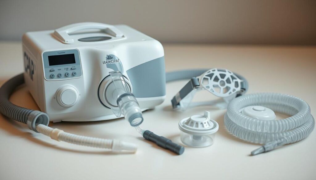 A high-quality, close-up photograph of a set of medical breathing apparatus accessories, including an iCareCPAP CPAP machine and its corresponding CPAP mask, hose, and other components. The items are arranged neatly on a plain, light-colored surface, capturing the essential elements of a sleep apnea treatment device. The lighting is soft and diffused, creating a calming, clinical atmosphere. The image showcases the various parts in detail, emphasizing their functionality and medical purpose.