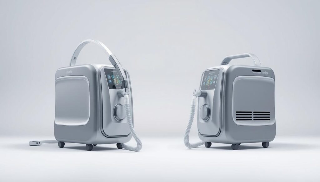 A highly detailed, photorealistic medical device showing a sleek, state-of-the-art iCareCPAP sleep apnea breathing machine. The device is presented in a crisp, clean studio setting with soft, even lighting from multiple angles, capturing its smooth lines, metallic accents, and intuitive control panel. The background is a simple, neutral backdrop, allowing the machine to be the focal point. The overall impression is one of advanced medical technology, reliability, and user-friendliness, reflecting the device's purpose in treating sleep apnea conditions.