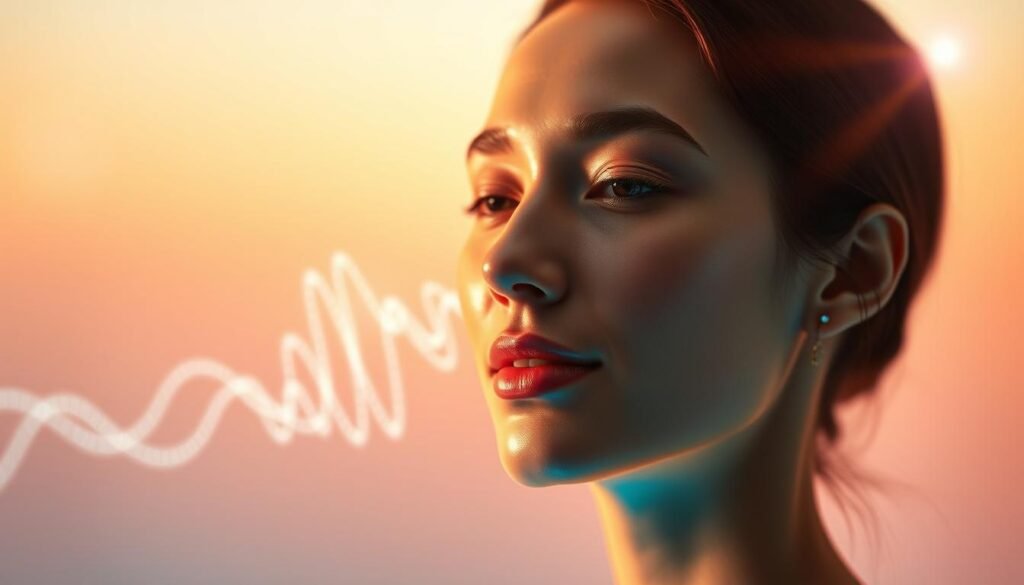 A serene, glowing image depicting the prolonged effects of the Oligio X 原美電波treatment by Glowin' Beaute. In the foreground, a radiant, youthful woman's face gently illuminated by a soft, diffused light. The middle ground showcases a series of pulsing, luminescent waves emanating from her skin, symbolizing the enduring rejuvenating effects. The background is a tranquil, pastel-tinted gradient, creating a dreamlike, ethereal atmosphere. Subtle lens flare and a shallow depth of field add a sense of cinematic elegance. The overall mood is one of serenity, timelessness, and the lasting benefits of the Oligio X 原美電波therapy.