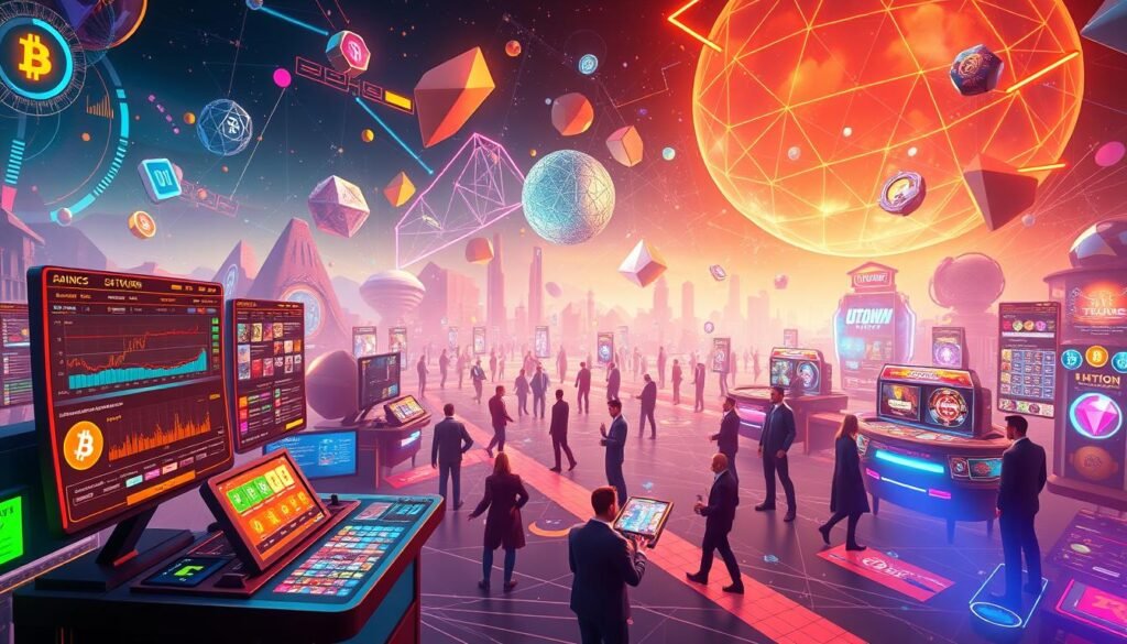 A vibrant digital landscape depicting the world of cryptocurrency gaming at the UTown online casino. In the foreground, a sleek and futuristic user interface showcases a variety of digital wallets, cryptocurrency trading platforms, and interactive gaming elements. The middle ground features a dynamic array of virtual avatars, each representing different players engaged in a high-stakes, fast-paced cryptocurrency-based gaming experience. The background is filled with a captivating array of geometric shapes, data visualizations, and abstract digital patterns, conveying the technological sophistication and complexity of the UTown cryptocurrency-powered gaming ecosystem. The overall scene is bathed in a warm, neon-infused glow, creating a sense of excitement, innovation, and immersion.