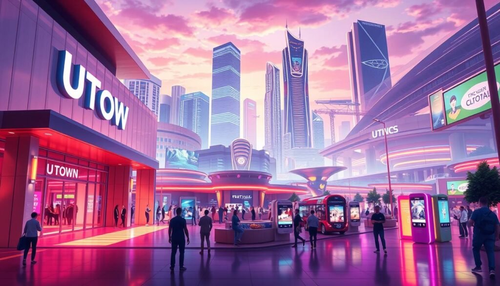 A vibrant, futuristic illustration of the UTown entertainment complex, featuring a sleek, modern facade with clean lines and bold architectural elements. The foreground showcases the main entrance, with a prominent UTown logo and inviting, well-lit walkways leading visitors inside. The middle ground depicts a bustling scene of people interacting with various interactive digital displays and kiosks, highlighting the technological advancements and immersive experiences offered by UTown. The background showcases a cityscape of gleaming skyscrapers and futuristic transportation systems, setting the scene for a cutting-edge, technologically-advanced urban environment. The lighting is a mix of warm, inviting tones and cool, futuristic hues, creating a sense of sophistication and modernity. The overall atmosphere conveys a sense of excitement, innovation, and a commitment to providing a world-class entertainment experience.