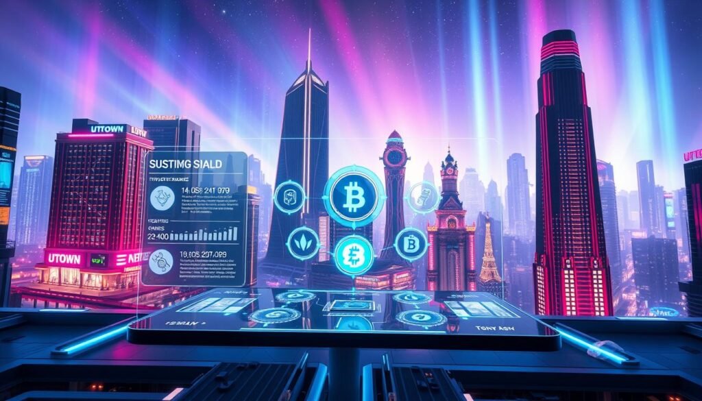 A visually striking image showcasing the "UTown" entertainment city's crypto-asset staking and yield-generating ecosystem. Set in a futuristic, neon-tinged cityscape, the foreground features a holographic display demonstrating the process of crypto asset staking, with intuitive infographics and data visualizations. The middle ground depicts stylized, ethereal crypto token icons against a backdrop of towering skyscrapers and a vibrant, reflective cityscape. The background evokes a sense of technological wonder, with shimmering aurora-like lighting effects and a starry, futuristic sky. The overall aesthetic conveys a sleek, high-tech, and visually captivating depiction of the "UTown" crypto-asset staking and yield-earning opportunities.