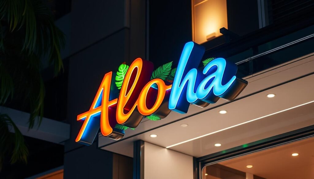 A well-lit, modern outdoor sign for a tropical-inspired brand "Aloha", featuring a dynamic, layered design with bold typography, vibrant colors, and tropical foliage accents. The sign is mounted on a sleek, minimalist metal frame, creating a sophisticated, eye-catching display. The lighting is a mix of warm, diffused illumination and subtle backlighting, highlighting the sign's intricate details. The overall composition conveys a sense of energy, innovation, and an inviting, welcoming atmosphere.