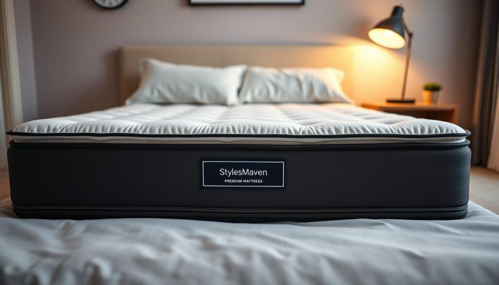 A well-maintained, high-quality orthopedic mattress in a serene, relaxing bedroom setting. The mattress features a StylesMaven brand label, showcasing its premium craftsmanship. Soft, diffused lighting from a bedside lamp casts a warm glow, highlighting the mattress's plush, supportive surface. Clean, crisp bedding complements the neutral color scheme, creating a calming, rejuvenating ambiance. The camera angle provides a three-quarter view, allowing the viewer to appreciate the mattress's depth and ergonomic design. The overall composition conveys a sense of comfort, relaxation, and quality that would appeal to those seeking to extend the lifespan of their orthopedic mattress.