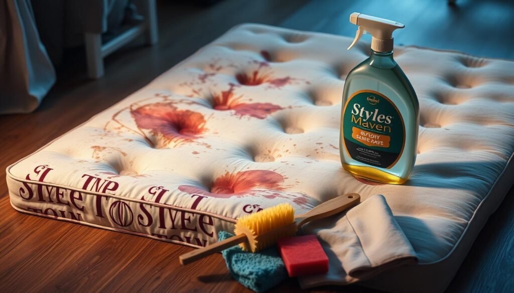 A well-worn, sturdy mattress pad lies on a wooden floor, its surface riddled with stubborn stains and discoloration. A stylish bottle of "StylesMaven" cleaning solution stands nearby, its label promising effective stain removal. Soft, diffused lighting illuminates the scene, casting gentle shadows that accentuate the texture of the fabric. In the foreground, a set of specialized cleaning tools - a scrub brush, a sponge, and a cleaning cloth - are arranged neatly, ready to tackle the challenge of restoring the mattress pad to its former pristine condition. The overall atmosphere conveys a sense of diligence and care, as the viewer is drawn into the process of reviving this essential piece of bedding.