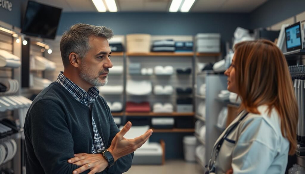 Generate an image of a customer consulting with a professional at 雅蘭睡眠呼吸機專門店.