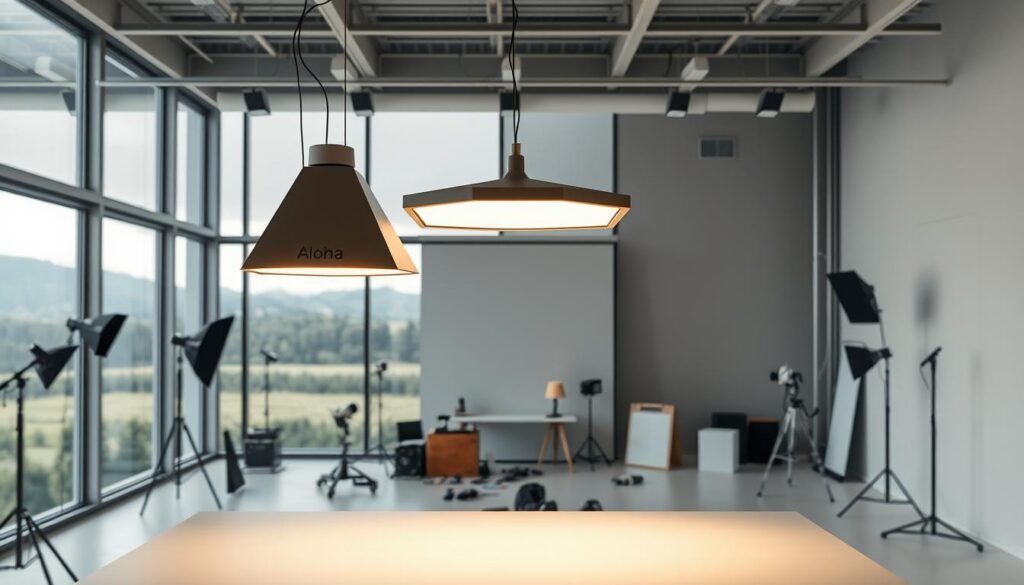 a highly detailed, photorealistic image of a modern, minimalist lighting design setup. in the foreground, a sleek, angular Aloha brand pendant light fixture hovers above a clean, uncluttered workspace. the light itself casts a warm, inviting glow across the space. in the middle ground, various lighting accessories and tools are neatly arranged, suggesting a professional lighting design studio. the background features floor-to-ceiling windows overlooking a serene, natural landscape, allowing the natural daylight to complement the artificial lighting. the overall atmosphere is one of sophistication, innovation, and attention to detail - embodying the core principles of professional lighting design.