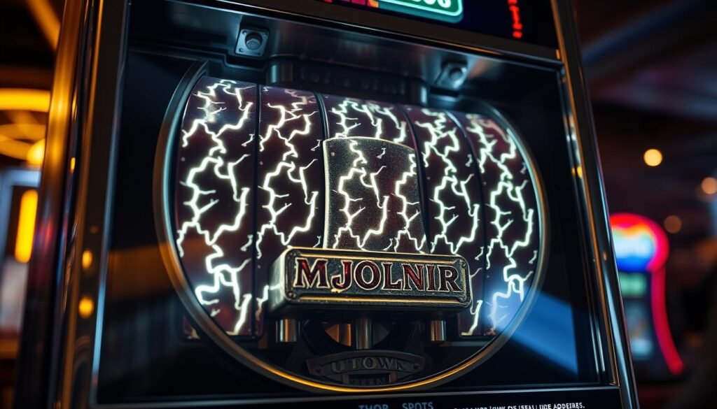 A close-up view of the face of a slot machine, revealing the intricate mechanisms and gears inside. The machine's display shows a repeating pattern of lightning bolts, representing the "Mjolnir" or Thor's hammer. The lighting is dramatic, with strong shadows and highlights, creating a sense of tension and energy. The background is a blurred, industrial setting, hinting at the UTown casino environment. The overall tone is one of technical precision and the power of the slot machine's internal workings.