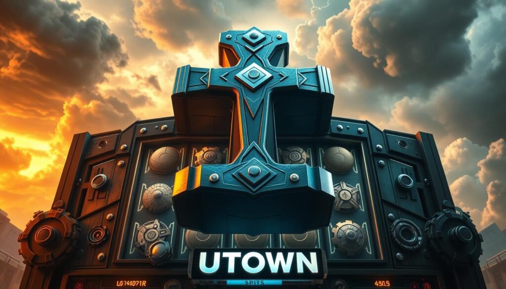A colossal Norse hammer, the legendary Mjolnir, dominates the center of a sleek, futuristic slot machine. Intricate gears and metallic panels create a captivating, high-tech aesthetic. Ominous clouds loom in the background, hinting at the power of the thunderous god Thor. Warm, golden lighting illuminates the machine, exuding a sense of grandeur and anticipation. The UTown slot machine beckons players to spin the reels and unleash the might of the thunder god.