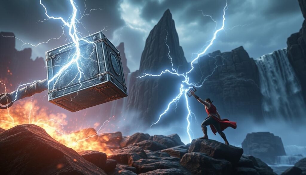 A detailed, fantastical scene of the &quot;Thor's Hammer&quot; game mechanics in action. In the foreground, the mighty hammer Mjolnir hovers mid-air, crackling with electric energy. In the middle ground, a heroic figure wielding the hammer summons bolts of lightning that strike the ground, creating dramatic visual effects. The background depicts an ancient Norse setting, with towering cliffs, cascading waterfalls, and a cloudy, moody sky. The overall tone is one of epic, mythical grandeur befitting the UTown game experience.