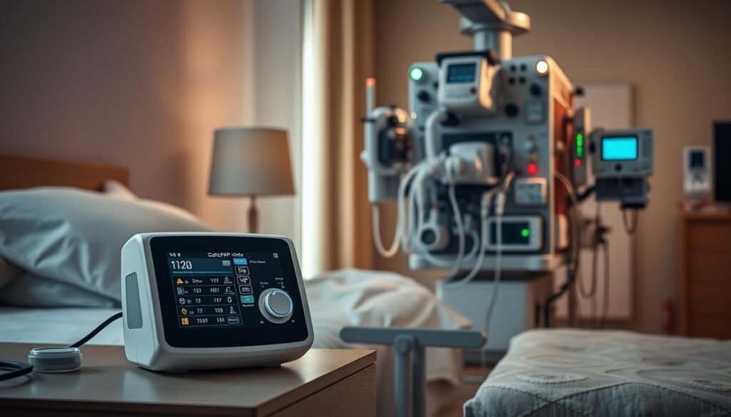 A detailed scene showcasing the functional differences between a sleep apnea CPAP machine and an emergency resuscitation ventilator. In the foreground, an iCareCPAP machine with sleek, modern design sits on a nightstand, its display showing vital information. In the middle ground, an advanced emergency ventilator in a clinical setting, with intricate controls and monitoring equipment. The background depicts a serene bedroom environment with soft lighting and muted colors, contrasting with the technical nature of the medical devices. The scene conveys the specialized applications of each machine, highlighting the iCareCPAP's role in sleep therapy and the emergency ventilator's purpose in critical care. The overall mood is one of clinical precision and attention to detail, reflecting the professional services and support offered by the Yarin Respiratory Center.