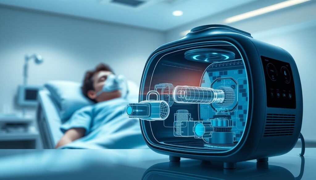 A detailed, technical illustration of an iCareCPAP sleep apnea machine in a clinical setting. The device is shown in the foreground, with a cutaway view revealing its internal components and mechanisms. In the middle ground, a patient is depicted using the machine, with the airflow and pressure indicators clearly visible. The background features a neutral, sterile medical environment with subtle lighting, creating a sense of professionalism and functionality. The overall image conveys the key features, capabilities, and application of the iCareCPAP sleep apnea machine, suitable for a technical article on the differences between sleep and emergency respiratory devices.