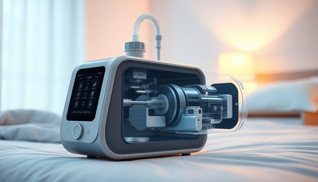 A detailed, technologically advanced iCareCPAP sleep apnea machine, featuring a sleek, minimalist design with a high-resolution OLED display. The machine is positioned in the foreground, showcasing its intuitive control panel and advanced monitoring sensors. In the middle ground, a cutaway view reveals the internal components, including the precise air pressure regulation system and the innovative humidification module. The background depicts a serene, calming bedroom environment, with soft lighting and soothing colors to create a relaxing atmosphere for the user. The overall composition conveys the device's core functionality, advanced features, and its seamless integration into a restful sleep environment.