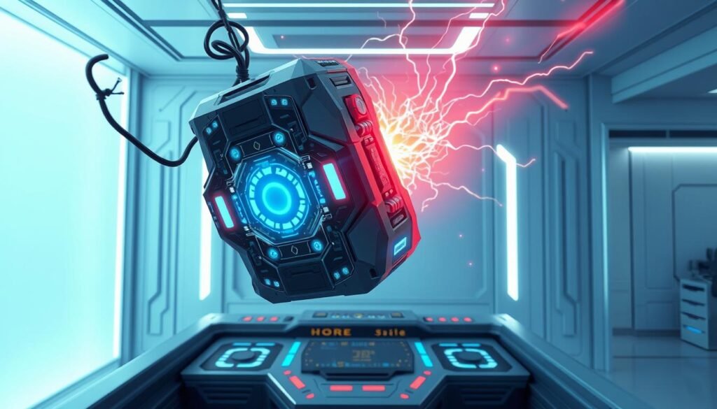 A dynamic, high-tech illustration of the powerful "Thor's Hammer" from the UTown gaming universe. In the foreground, the hammer levitates, its electrified head pulsing with energy. Intricate circuits and holographic displays project from its surface, showcasing its advanced capabilities. The middle ground features a futuristic control panel, with glowing buttons and sleek, angular designs. The background depicts a sleek, minimalist laboratory environment, with clean lines and a subtle, blue-tinted lighting scheme that adds a sense of technological sophistication. The overall composition conveys the hammer's remarkable special abilities and the precision engineering behind its design.