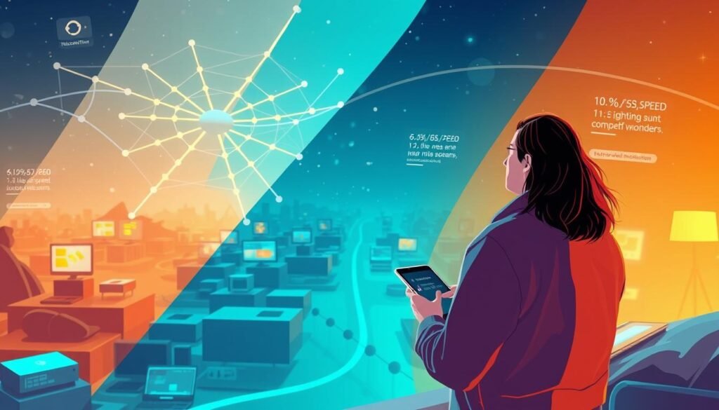 A dynamic illustration showcasing the impact of varying internet speed limits on user experience. In the foreground, a Telecombrother customer navigates a seamless digital landscape, enjoying uninterrupted streaming and lightning-fast downloads. In the middle ground, a network of interconnected devices and data flows illustrate the complex infrastructure supporting the user's experience. The background gradually shifts, depicting different speed tiers and their respective effects on user satisfaction, from the smooth, uninterrupted flow of high-speed connections to the frustration of lagging, buffering content at lower tiers. The lighting is crisp, with a warm, welcoming tone, conveying the sense of a reliable, user-centric service. The overall composition emphasizes the critical role of speed in delivering a premium digital experience.