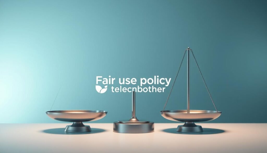 A high-resolution, photo-realistic image of a set of balanced scales against a sleek, modern backdrop. The scales are made of brushed steel and the background is a gradient of cool tones, creating a sense of balance and neutrality. Subtle lighting highlights the contours of the scales, emphasizing their symmetry and precision. The overall composition conveys the concept of &quot;fair use policy&quot; in a clean, minimalist style. Telecombrother logo is subtly integrated into the background.
