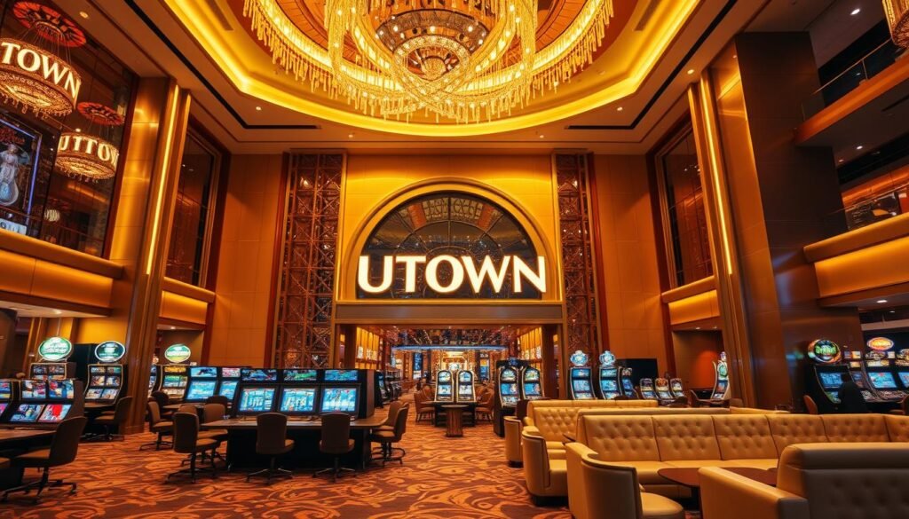 A lavish and immersive gaming haven, UTown Entertainment City radiates an alluring ambiance with its state-of-the-art facilities and generous new member bonuses. Bathed in a warm, golden glow, the interior exudes a sophisticated, casino-esque charm, inviting visitors to indulge in a thrilling array of gaming experiences. Strategically positioned within the frame, a striking façade showcases the UTown brand name, drawing the eye and establishing a focal point. Plush furnishings, elegant lighting fixtures, and a sleek, modern design language create an atmosphere of refined luxury, setting the stage for a truly memorable gaming adventure.