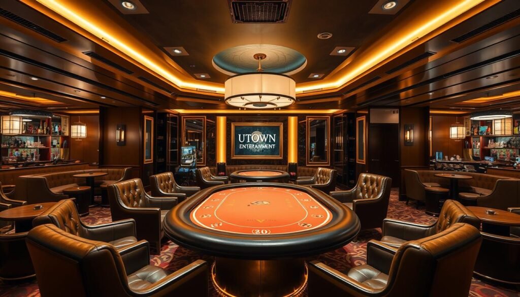 A luxurious and modern interior of the UTown Entertainment City AG VIP Lounge, featuring a sleek and contemporary design with plush leather seating, elegant lighting fixtures, and a warm, inviting atmosphere. The room is bathed in a soft, ambient glow, creating a cozy and sophisticated ambiance. The focal point is a large, curved gaming table, surrounded by attentive staff catering to the needs of the high-end clientele. The space exudes an air of exclusivity and refinement, perfectly tailored to the discerning Asian player seeking a truly exceptional gaming experience.