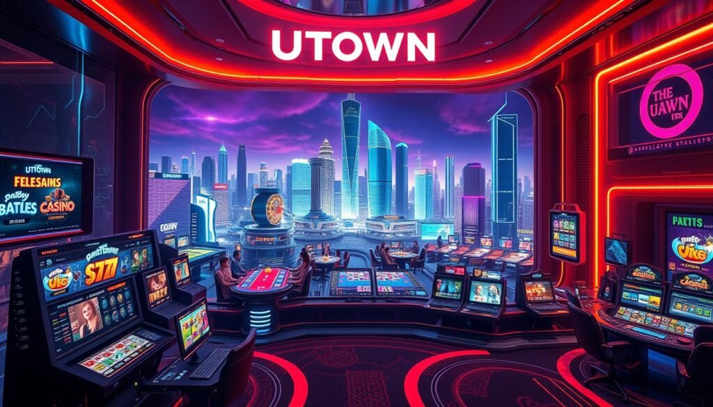 A luxurious, neon-lit virtual entertainment platform called UTown, featuring an immersive and seamless user experience. The foreground showcases dynamic game interfaces, interactive menus, and vibrant icons, all with a sleek and modern aesthetic. The middle ground presents a panoramic view of the platform's diverse offerings, including live casino tables, online slots, and interactive sports betting. The background depicts a futuristic cityscape, with towering skyscrapers and a vibrant, nighttime skyline, creating a sense of excitement and anticipation. The overall mood is one of sophistication, innovation, and a commitment to providing a premium gaming and entertainment experience.