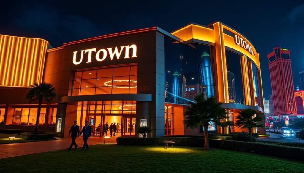 A modern, sleek casino facade with the UTown brand prominently displayed in elegant, neon-lit signage. The building is bathed in a warm, golden glow, suggesting a welcoming and luxurious atmosphere. In the foreground, well-dressed patrons stroll through the entrance, conveying a sense of sophistication and excitement. The middle ground features a lush, manicured landscape with strategically placed lighting that creates a serene and secure ambiance. The background showcases a vibrant, bustling city skyline, hinting at the convenience and accessibility of this premier gambling destination designed for players who value efficiency and safety.