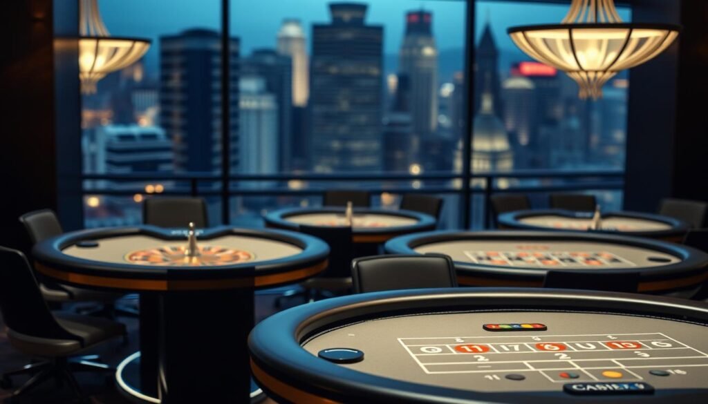 A modern, sleek interface showcasing a variety of UTown branded live dealer casino tables, including baccarat, roulette, and blackjack. The tables are well-lit, with a clean and minimalist design, creating an immersive and premium user experience. The background features a blurred cityscape, hinting at the online platform's connection to the bustling urban environment. The overall atmosphere conveys a sense of sophistication and high-end entertainment, catering to the discerning online casino enthusiast.