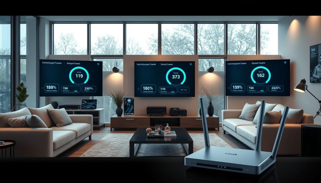 A modern, well-lit interior of a smart home living room, showcasing a variety of broadband speed test results displayed on high-resolution screens and devices. The room features sleek, minimalist furniture in neutral tones, large windows allowing natural light to fill the space, and subtle ambient lighting. In the foreground, a Telecombrother router prominently placed, highlighting its role in delivering fast, reliable home internet connectivity. The overall atmosphere conveys a sense of technological sophistication and the importance of high-speed broadband for seamless metaverse experiences.
