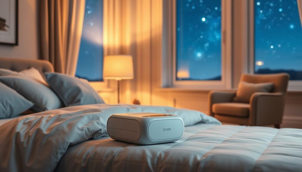 A serene bedroom scene showcasing the iCareCPAP sleep apnea machine. Soft, warm lighting illuminates the elegant, minimalist device placed on a bedside table, its sleek design blending seamlessly with the cozy, calming atmosphere. Plush bedding and a comfortable armchair suggest a tranquil, restful environment, while a large window offers a view of a serene, starry night sky, hinting at the improved sleep quality the iCareCPAP can provide. The overall composition conveys a sense of relaxation and well-being, highlighting the device's role in enhancing the user's sleep experience.