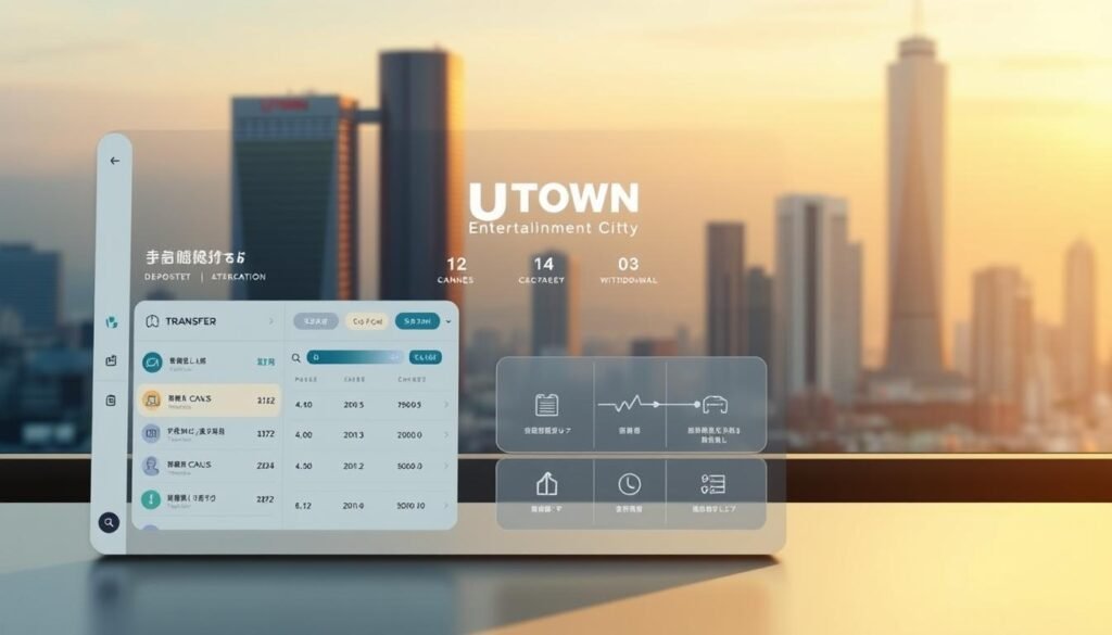 A sleek and modern banking interface for UTown Entertainment City, showcasing a seamless deposit and withdrawal process. In the foreground, a clean and intuitive dashboard displays transfer options and transaction history, bathed in a soft, warm lighting. The middle ground features a series of icons and graphical elements, guiding the user through the steps of the financial journey. In the background, a subtle cityscape backdrop sets the scene, evoking a sense of urban sophistication. The overall composition conveys efficiency, reliability, and a premium user experience tailored for UTown's discerning clientele.