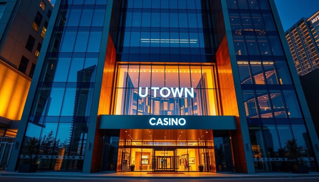A stately, modern building with sleek, contemporary architecture stands majestically, its glass facade reflecting the surrounding cityscape. The exterior exudes an air of sophistication and elegance, beckoning visitors to explore the UTown AG Live Casino within. Warm, ambient lighting illuminates the entryway, creating an inviting atmosphere. The scene conveys a sense of luxury and excitement, hinting at the immersive gaming experiences awaiting those who step through the doors.