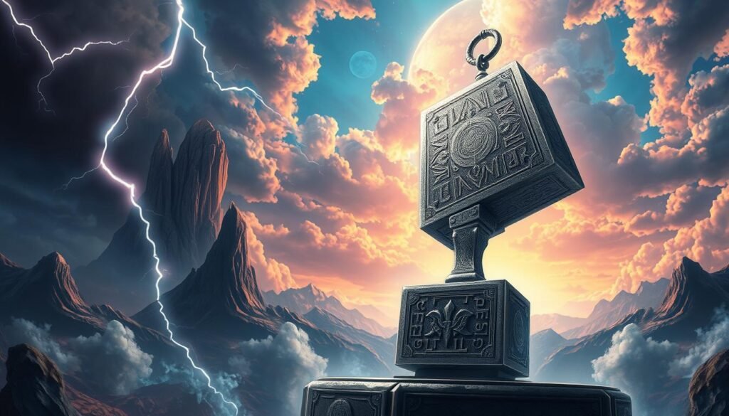 A stunning high-resolution digital illustration showcasing the majestic "Thor's Hammer" in a dynamic, cinematic presentation. The foreground features the mighty hammer, Mjolnir, resting upon a pedestal against a backdrop of swirling energy and lightning bolts. The middle ground captures the hammer's intricate details, with metallic textures and runes etched into the surface. In the background, a grand, celestial landscape unfolds, with towering mountains, billowing clouds, and a vibrant, otherworldly sky. The lighting is dramatic, casting deep shadows and highlighting the hammer's imposing presence. The overall composition conveys a sense of power, mysticism, and the grandeur of the legendary UTown gaming experience.