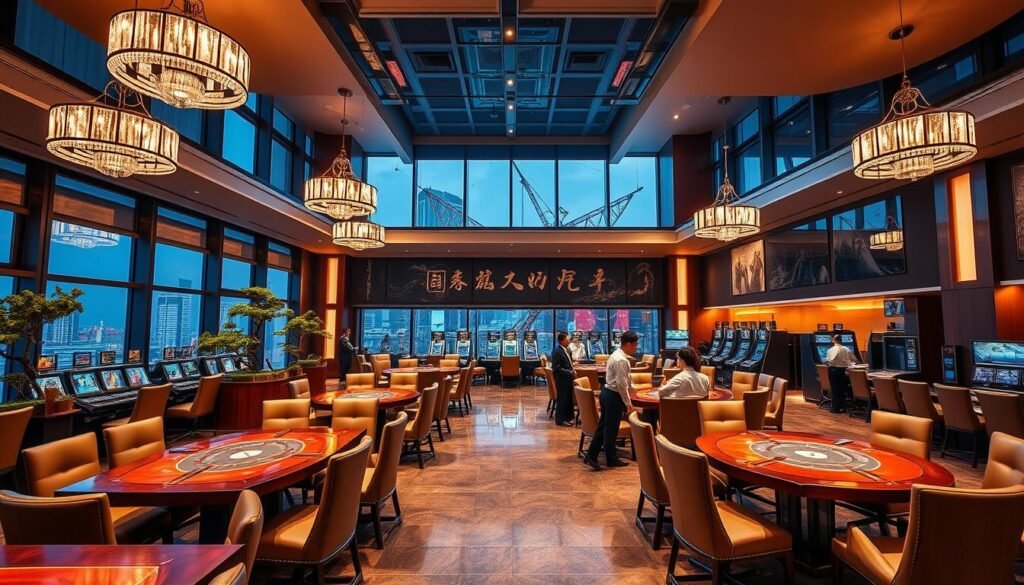 A stunningly modern and luxurious UTown AG real-life gaming hall, bathed in warm, inviting lighting. Sleek, contemporary interior design featuring plush leather chairs, polished wooden tables, and state-of-the-art gaming equipment. Elegant chandeliers cast a soft glow, while floor-to-ceiling windows offer panoramic city views. Sophisticated Asian-inspired decor elements, such as calligraphic art and bonsai trees, create an atmosphere of refined sophistication. Attentive staff in crisp uniforms provide exceptional customer service, catering to the discerning tastes of the discerning Asian clientele. This captivating AG real-life gaming experience offers an unparalleled blend of modernity, comfort, and cultural flair.