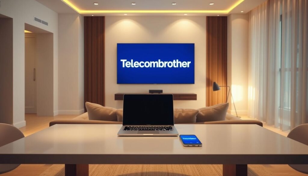 A tranquil, minimalist home interior with a focus on a large, high-resolution display showcasing the "Telecombrother" brand. Soft, warm lighting illuminates the space, creating a cozy atmosphere. In the foreground, a sleek, modern table with a laptop and a smartphone, hinting at the connectivity and speed of the 1000M broadband plan. The middle ground features plush, comfortable seating inviting the viewer to immerse themselves in the digital realm. The background subtly blends seamless, high-quality materials, reflecting the premium nature of the broadband service. The overall composition conveys a sense of comfort, productivity, and the seamless integration of technology into the modern home environment.