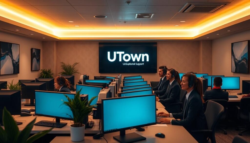 A well-equipped customer service center with a team of attentive agents at the ready. The room is bathed in a warm, inviting glow from recessed lighting, creating a comfortable atmosphere. Sleek, modern workstations with multiple high-resolution screens allow the agents to efficiently assist customers. The UTown logo is prominently displayed, conveying the brand's commitment to exceptional support. Potted plants and subtle abstract art on the walls add a touch of professionalism and sophistication. The agents, dressed in smart, coordinated uniforms, exude an air of competence and approachability, ready to provide the ultimate in customer service.
