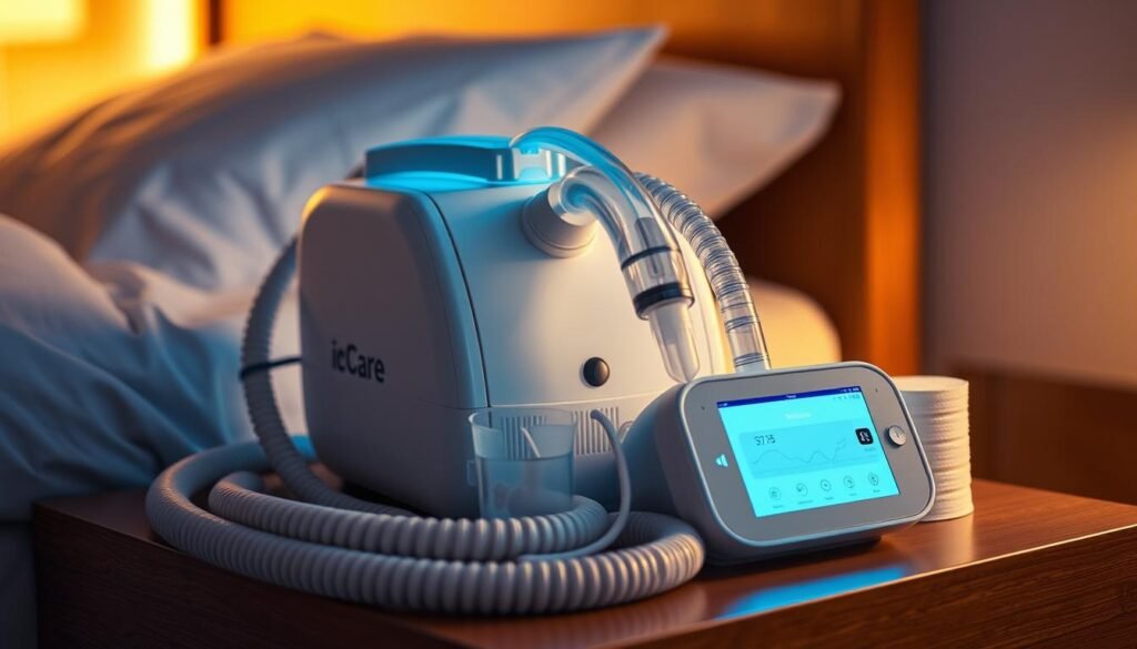 A well-maintained iCareCPAP sleep apnea machine rests on a bedside table, its sleek design and soft blue illumination creating a calming atmosphere. The machine's components are neatly arranged, including the hose, mask, and filters, all in pristine condition. The room is bathed in warm, indirect lighting, creating a serene and rejuvenating environment conducive to restful sleep. The machine's display shows clear, easy-to-read data, indicating its functionality and the user's breathing patterns. The overall scene conveys the importance of proper maintenance and the role of the iCareCPAP in facilitating uninterrupted, healthful sleep.