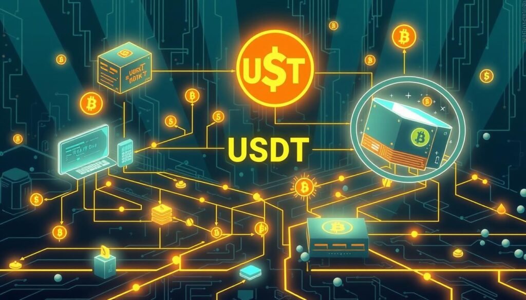 Generate an image representing the USDT cryptocurrency transaction system