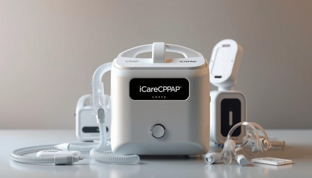 Highly detailed and photorealistic image of a sleep apnea CPAP machine with the iCareCPAP brand name, showcasing its sleek and modern design. The machine is positioned in the center of the frame, with a soft, diffused lighting illuminating its smooth, white surfaces. The machine is accompanied by medical equipment such as tubing, masks, and accessories, arranged neatly around it, conveying a sense of functionality and clinical precision. The background is a muted, minimalist space, allowing the machine to be the focal point and highlighting its importance in the treatment of sleep apnea.