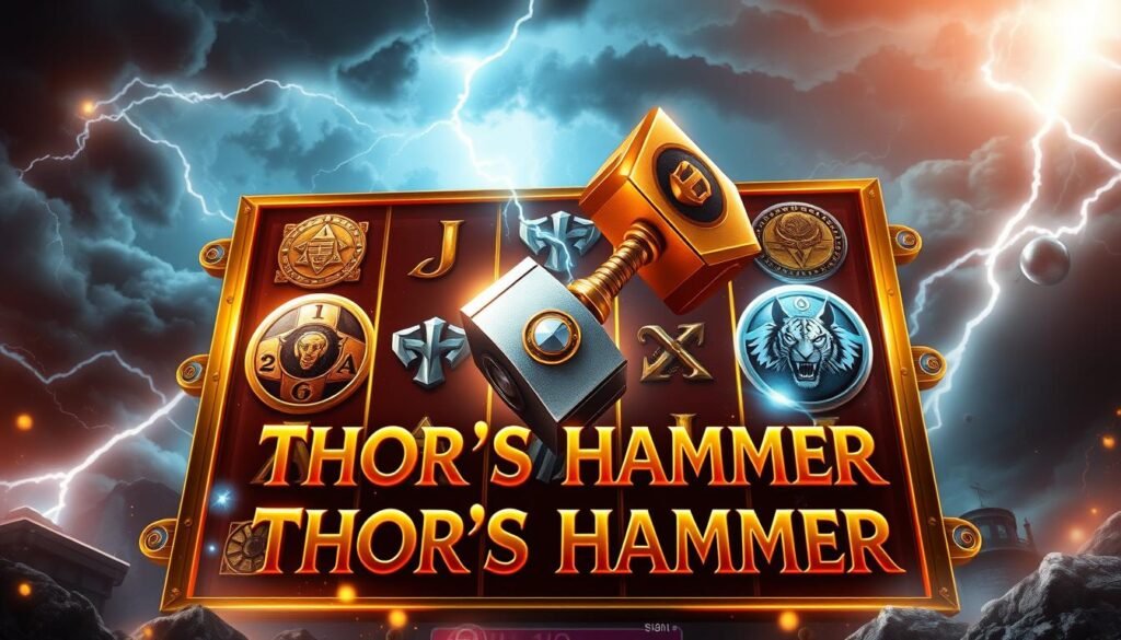 Vibrant and dynamic slot machine game inspired by the legendary Norse thunder god, Thor. Gleaming golden reels emblazoned with the iconic Mjolnir hammer spin against a stormy backdrop of dark clouds and crackling lightning. Detailed mythological symbols, including runes, Thor's hammer, and the mighty UTown tiger, create an immersive and visually captivating gaming experience. Dramatic cinematic lighting and camera angles heighten the sense of power and excitement. An epic, larger-than-life atmosphere that captures the essence of the "Thor's Hammer" slot game and its thrilling gameplay.