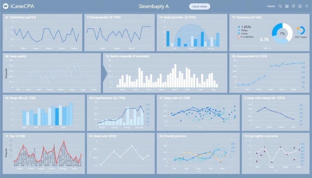 A detailed data visualization dashboard showcasing the analysis of sleep apnea patient data from an iCareCPAP device. The dashboard features a variety of charts and graphs, including line plots of respiratory patterns, bar charts of sleep quality metrics, and scatter plots correlating treatment parameters with patient outcomes. The visuals are clean, minimalist, and easy to interpret, with a soothing blue and gray color scheme that conveys the tranquility of a good night's sleep. The layout is well-organized, with the most critical information highlighted in the center, allowing medical professionals to quickly assess a patient's progress and make informed adjustments to their sleep apnea treatment plan.