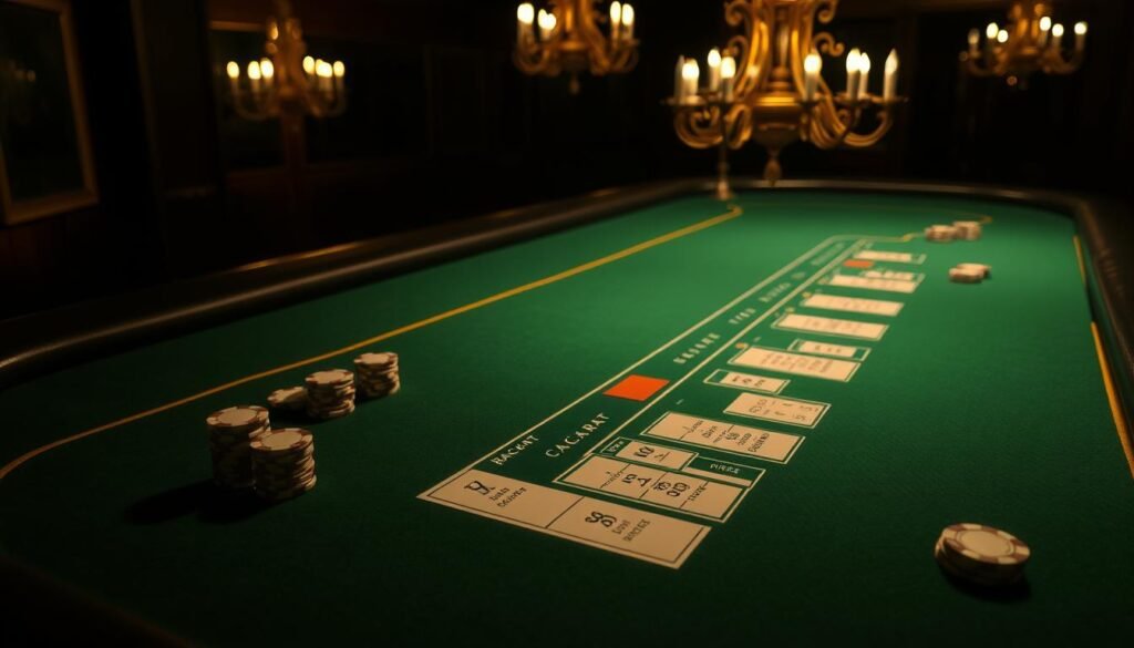 A dimly lit casino table, the green felt surface reflecting the warm glow of antique chandeliers overhead. Delicate gold trim lines the edges, lending an air of sophistication. On the table, carefully arranged gaming chips in various denominations stand ready, awaiting the roll of the dice. The table's surface is clear, save for a discreet diagram outlining the basic baccarat gameplay, guiding players through the fundamental rules and strategies of this captivating card game. The scene exudes an air of contemplation and focus, inviting the viewer to immerse themselves in the timeless allure of baccarat.