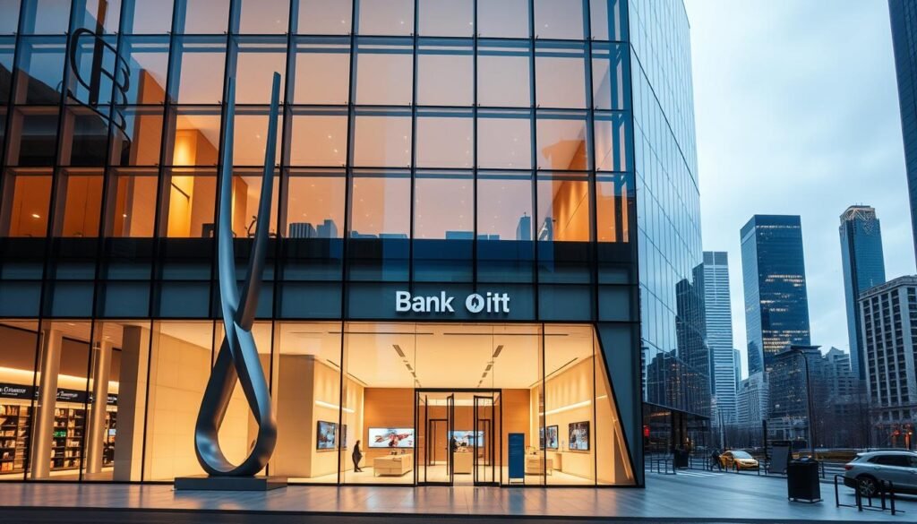 A modern, glass-walled bank building with a sleek, minimalist design, nestled in a bustling city skyline. The facade features clean lines, sharp angles, and a mix of transparent and opaque surfaces that create an airy, futuristic aesthetic. The entrance is flanked by two tall, metallic sculptures that evoke the idea of financial stability and security. The interior is bathed in warm, diffused lighting, with a spacious lobby featuring clean-cut furniture and display screens showcasing the bank's services. In the background, the cityscape is visible through the large windows, creating a sense of connection between the bank and the urban environment.